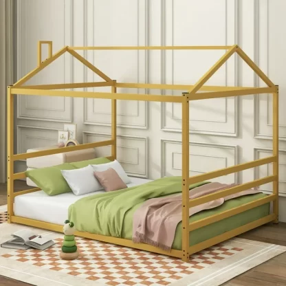 Kumix House Floor Bed with a Roof Style, without Slats, Queen Size Metal Platform Bed Frame for Kids Toddlers Boys/Girls, Queen Floor Bed for Bedroom, No Box Spring Needed, Easy Assembly, Gold