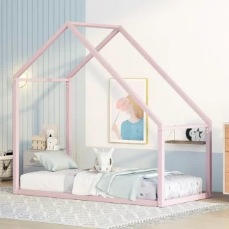 Kumix Floor Bed with Roof, Metal Twin Size House Floor Bed without Slat for Kids Teens Adults, Heavy Duty Floor Bed Frame for Bedroom, Dorm, House Bed No Weight Capacity Limit, Pink