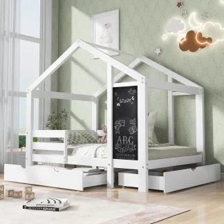 Kumix House Bed with Blackboard and Drawers, Two Assembly Options, Wooden Twin Platform Bed Slats Support for Kids Teens Adults, Heavy Duty House Bed for Bedroom, Noise-Free, White