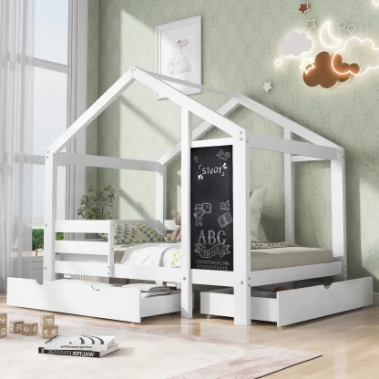 Kumix House Bed with Blackboard and Drawers, Two Assembly Options, Wooden Twin Platform Bed Slats Support for Kids Teens Adults, Heavy Duty House Bed for Bedroom, Noise-Free, White