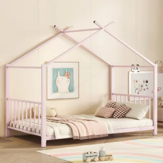 Kumix House Floor Bed, Metal Twin Size Platform Bed with House Shape, Slats Support for Kids, Boys/Girls, Toddler Floor Bed Frame for Bedroom, No Box Spring Needed, Easy Assembly, Pink