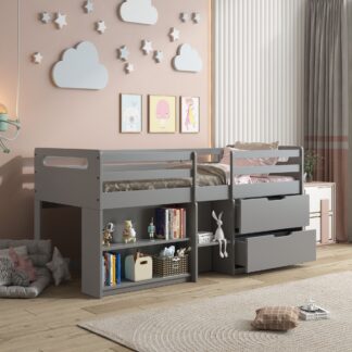 Kumix Loft Bed Twin Size, Wood Loft Bed with Drawers, Shelves, Full Length Guardrail and Ladder for Kids Teens Adults, Heavy Duty Loft Bed for Bedroom, Space-Saving, Easy Assembly, Gray