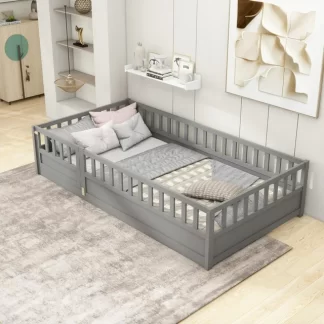 Kumix Floor Bed Twin Size with Door and Fence, Toddler Bed for Kids Aged 1-3, Wood Floor Bed with Safety Guardrails for Bedroom, Floor Bed Frame for Girls & Boys, No Box Spring Needed, Gray