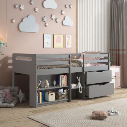 Kumix Loft Bed Twin Size, Wood Loft Bed with Drawers, Shelves, Full Length Guardrail and Ladder for Kids Teens Adults, Heavy Duty Loft Bed for Bedroom, Space-Saving, Easy Assembly, Gray