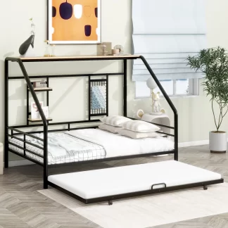 Kumix Platform Bed with Trundle, Shelves and Grid, Full Size Metal Platform Bed with 3-Sided Guardrail for Kids Teens Guests, 2 in 1 Platform Bed for Bedroom, Guests' Room, Noise-Free, Black