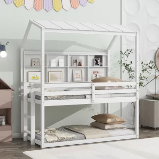 Kumix Bunk Bed with Bedside Shelves, House Semi-enclosed Roof, Wooden Bunk Beds Twin over Twin with Guardrails and Ladder for Kids Teens Adults, Low Bunk Bed Frame for Bedroom, Easy Assembly, White