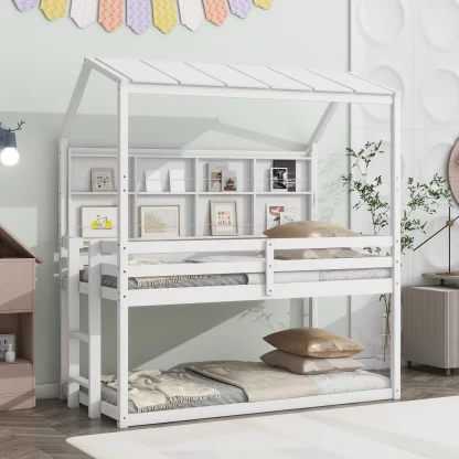 Kumix Bunk Bed with Bedside Shelves, House Semi-enclosed Roof, Wooden Bunk Beds Twin over Twin with Guardrails and Ladder for Kids Teens Adults, Low Bunk Bed Frame for Bedroom, Easy Assembly, White