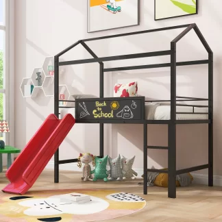 Kumix Loft Bed with Slide, Metal House Loft Bed Twin Size with Two-sided Writable Wooden Board and Roof Frame for Kids Young Teens, Heavy Duty Kids House Bed for Bedroom, Black+Red Slide