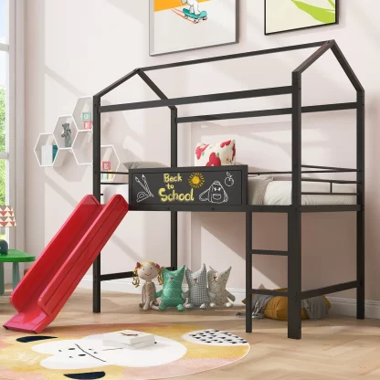 Kumix Loft Bed with Slide, Metal House Loft Bed Twin Size with Two-sided Writable Wooden Board and Roof Frame for Kids Young Teens, Heavy Duty Kids House Bed for Bedroom, Black+Red Slide