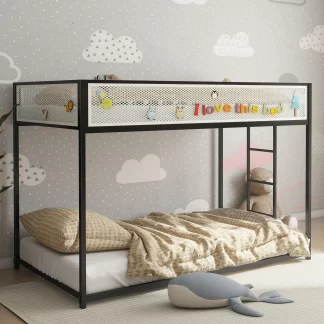 Kumix Bunk Bed Twin over Twin, Metal Bunk Bed with Mesh Guard Rail for Kids and Adults, Low Profile Bunk Bed with Easy Climbing with Stable Ladder, No Box Spring Needed, Noise-Free, Black with White