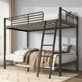 Kumix Bunk Bed Twin over Twin, Metal Bunk Bed with Under Bed Space, Full-Length Guardrail and Ladder for Kids Teens Adults, Heavy Duty Bunk Bed for Bedroom, Dorm, Noise-Free, Easy Assembly, Black
