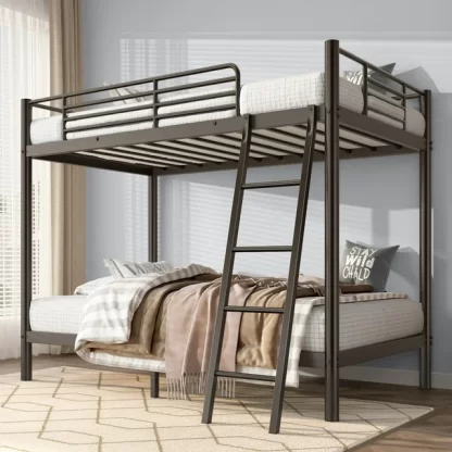 Kumix Bunk Bed Twin over Twin, Metal Bunk Bed with Under Bed Space, Full-Length Guardrail and Ladder for Kids Teens Adults, Heavy Duty Bunk Bed for Bedroom, Dorm, Noise-Free, Easy Assembly, Black