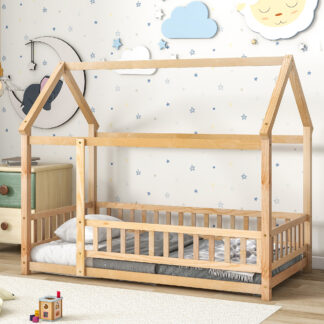 Kumix Floor Bed with House Roof Frame and Fence Guardrails, Wood Twin Size Floor Bed for Kids Boys/Girls, No Weight Capacity Limit, Toddler Floor Bed Frame for Bedroom, Noise-Free, Natural