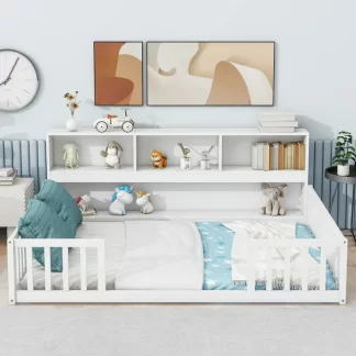 Kumix Floor Bed Full Size with Bedside Bookcase, Shelves, Fence Guardrails, Wood Floor Bed Frame for Kids Boys/Girls, No Weight Capacity Limit, No Box Spring Needed, Easy Assembly, White