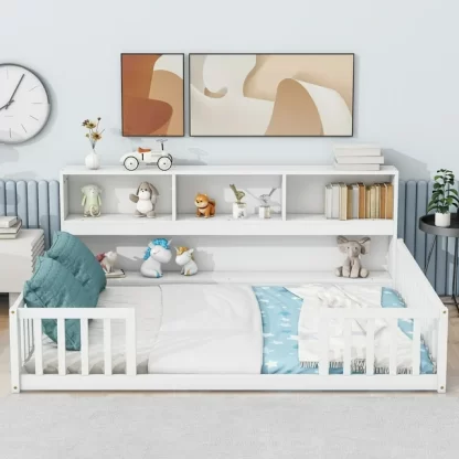 Kumix Floor Bed Full Size with Bedside Bookcase, Shelves, Fence Guardrails, Wood Floor Bed Frame for Kids Boys/Girls, No Weight Capacity Limit, No Box Spring Needed, Easy Assembly, White