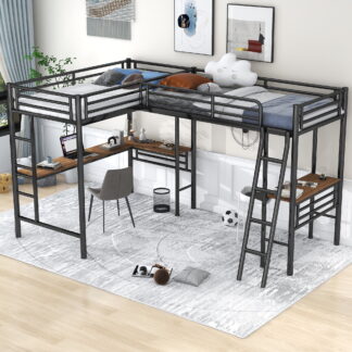 Kumix Loft Beds with Two Built-in Desks, Metal L-Shaped Loft Beds Twin Size with Full-Length Guardrail and 2 Ladders for Kids Teens Adults, 2 Beds Loft Bed, No Box Spring Needed, Black
