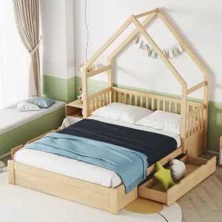 Kumix Wood House Platform Bed with Semi-Guardrail and 2 Drawers, Queen Size House Bed with Slats Support for Kids Teens Adults, No Box Spring Needed, Noise-Free, Easy Assembly, Natural