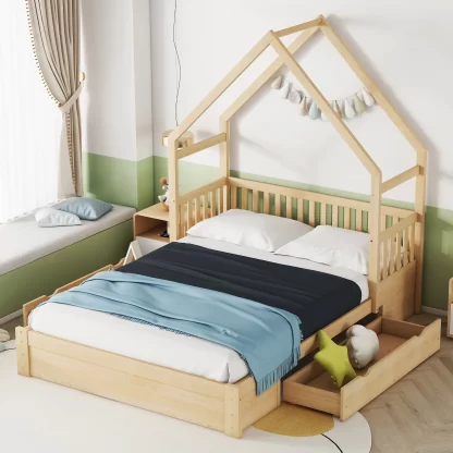 Kumix Wood House Platform Bed with Semi-Guardrail and 2 Drawers, Queen Size House Bed with Slats Support for Kids Teens Adults, No Box Spring Needed, Noise-Free, Easy Assembly, Natural