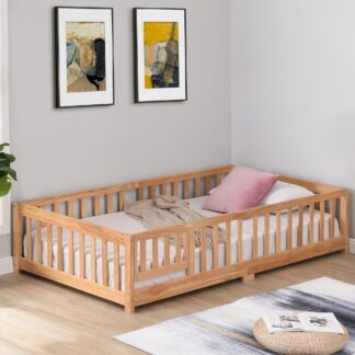 Kumix Floor Bed Queen Size with Door and Fence, Solid Wooden Platform Bed Frame with Wood Slats Support, Suitable for Kids Boys/Girls, Noise-Free, No Box Spring Needed, Easy Assembly, Natural