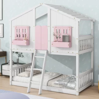 Kumix Twin over Twin House Bunk Bed with Roof, 2 Windows with Window Boxes, Door, Wood Bunk Bed with Safety Guardrails and Ladder for Kids Teens Boys/Girls, No Box Spring Needed, Pink