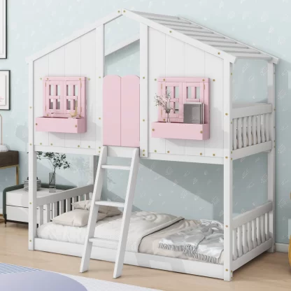 Kumix Twin over Twin House Bunk Bed with Roof, 2 Windows with Window Boxes, Door, Wood Bunk Bed with Safety Guardrails and Ladder for Kids Teens Boys/Girls, No Box Spring Needed, Pink