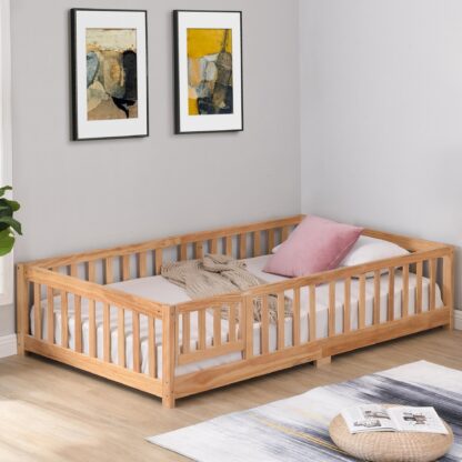 Kumix Floor Bed Queen Size with Door and Fence, Solid Wooden Platform Bed Frame with Wood Slats Support, Suitable for Kids Boys/Girls, Noise-Free, No Box Spring Needed, Easy Assembly, Natural