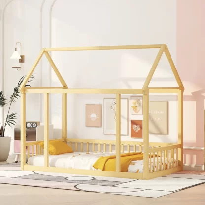Kumix Toddler Floor Bed with House Roof Frame and Fence Guardrails, without Slats, Wood Twin Floor Bed Frame for Kids Toddler, Boys & Girls, House Floor Beds Twin Size, Easy Assembly, Natural