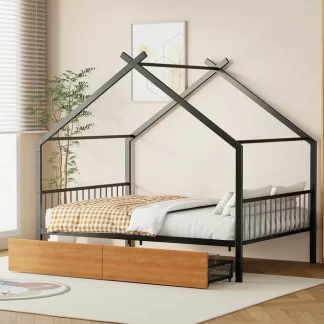 Kumix House Bed with Two Drawers, Full Size Metal House Bed with Roof Frame and Slats Support for Kids Teens Adults, Heavy Duty House Bed for Bedroom, Dorm, No Box Spring Needed, Black