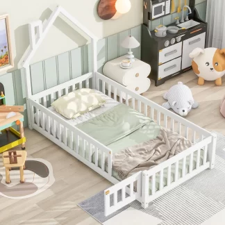 Kumix Floor Bed with Fence and Door House-Shaped Headboard, Twin Size Solid Wood Floor Bed for Kids Boys Girls, Heavy Duty Toddler Floor Bed for Bedroom, No Weight Capacity Limit, White