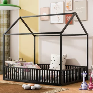 Kumix House Floor Bed with Fence Guardrail and Door, Metal Full Size Floor Bed without Slat for Kids Teens Boys/Girls, Heavy Duty Floor Bed Frame for Bedroom, Noise-Free, Easy Assembly, Black