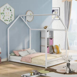 Kumix House Floor Bed, Wooden Full Size Floor Bed with Roof Frame for Kids Teens Boys and Girls, No Weight Capacity Limit, Heavy Duty Floor Bed for Bedroom, Dorm, No Box Spring Needed, White