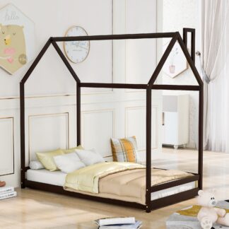 Kumix House Floor Bed, Wooden Twin Size Floor Bed with Roof Frame for Kids Teens Boys and Girls, No Weight Capacity Limit, Heavy Duty Floor Bed for Bedroom, Dorm, No Box Spring Needed, Espresso