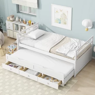 Kumix Twin Size Bed with Trundle and 3 Storage Drawers, Pine Wood Bed for Kids Teens Adults Guests with Headboard and Footboard, Twin Bed for 2, Easy Assembly, No Box Spring Needed, White