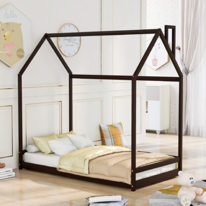 Kumix House Floor Bed, Wooden Twin Size Floor Bed with Roof Frame for Kids Teens Boys and Girls, No Weight Capacity Limit, Heavy Duty Floor Bed for Bedroom, Dorm, No Box Spring Needed, Espresso