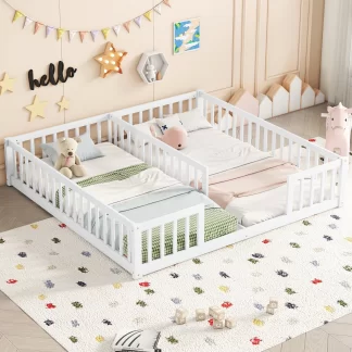 Kumix Double Floor Bed with Fence Guardrails, without Door, Slats, Wood Twin Toddler Floor Bed Frame for Kids Aged 1-3, Twin Floor Beds for 2, Noise-Free, No Box Spring Needed, White