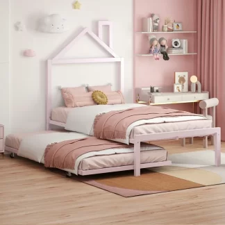 Kumix Platform Bed with Trundle, Twin Size Metal House Platform Bed with House-Shaped Headboard Design for Kids Teens Guests, Heavy Duty Platform Bed for Bedroom, Noise-Free, Pink