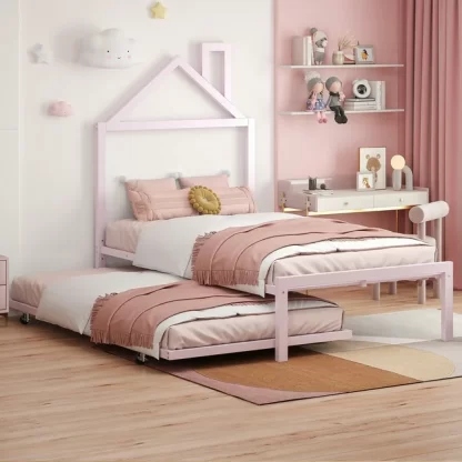 Kumix Platform Bed with Trundle, Twin Size Metal House Platform Bed with House-Shaped Headboard Design for Kids Teens Guests, Heavy Duty Platform Bed for Bedroom, Noise-Free, Pink