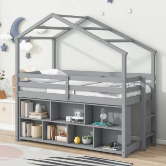 Kumix Loft Bed with Under Bed Shelving Storage Unit, Wooden House Loft Bed Twin with Roof Frame, Full-Length Guardrails, Ladder for Kids Teens Adults, No Box Spring Needed, Noise-Free, Gray
