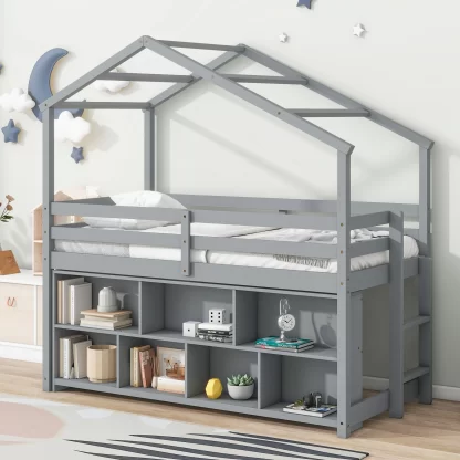 Kumix Loft Bed with Under Bed Shelving Storage Unit, Wooden House Loft Bed Twin with Roof Frame, Full-Length Guardrails, Ladder for Kids Teens Adults, No Box Spring Needed, Noise-Free, Gray