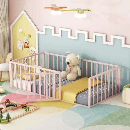 Kumix Floor Bed Twin Size, Metal Floor Bed with Fence and Door for Kids 1-3, Toddler Floor Bed with Safety Guardrail for Bedroom, Playroom, No Box Spring Needed, Easy Assembly, Pink