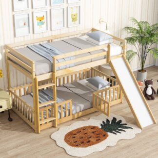 Kumix Bunk Bed with Slide, Fence Guardrails, Ladder and Door, Solid Pine Wood Bunk Bed Twin over Twin for Kids Teens Adults, Heavy Duty Bunk Bed for 2, Noise-Free, No Box Spring Needed, Natural