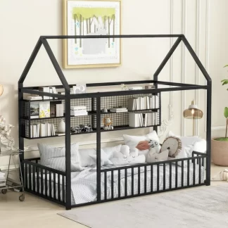 Kumix Twin Floor Bed with Fence and Shelves, Metal House Bed Frame with Roof for Kids Boys & Girls, Toddler Floor Beds Twin Size, No Weight Capacity Limit, Noise-Free, Easy Assembly, Black