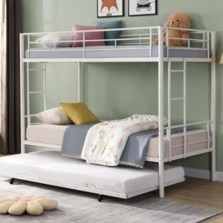 Kumix Bunk Bed with Trundle, Metal Bunk Bed Twin over Twin with Full-Length Guardrail and Build-in Ladder, Heavy Duty Bunk Bed Frame for 3 Kids Teens Adults, Noise-Free, Easy Assembly, White