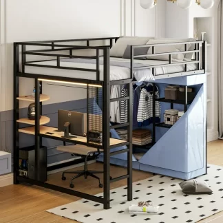 Kumix Loft Bed Full Size, Metal Loft Bed with Desk, Shelves, Power Outlet, LED Light and Wardrobe for Kids Teens Adults, Heavy Duty Loft Bed Frame with Guardrail and Ladder, Noise-Free, Black