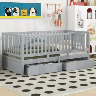 Kumix Wood Daybed with Fence Guardrails and 2 Drawers, Twin Size Bed Can Split into Independent Floor Bed & Daybed Slats Support for Kids Teens Adults, No Box Spring Needed, Easy Assembly, Gray