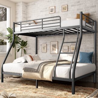 Kumix Bunk Bed Twin over Full, Metal Bunk Bed with Full-Length Guardrail for Kids Teens Adults, Heavy Duty Bunk Bed Frame for Bedroom, Dorm, Noise-Free, No Box Spring Needed, Black