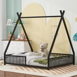 Kumix Floor Bed with Triangle Structure and Fence Guardrail, Full Size House Platform Bed, Metal Tent Floor Bed for Kids Boys/Girls, Heavy Duty Floor Bed for Bedroom, Easy Assembly, Black