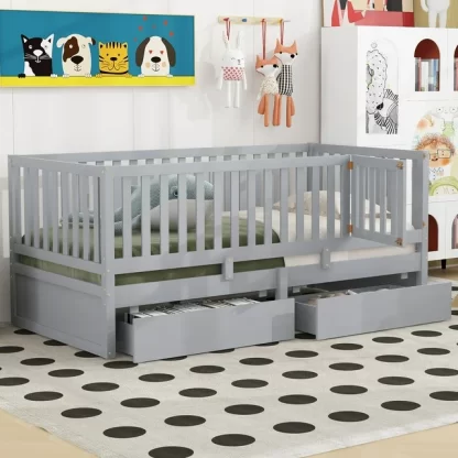 Kumix Wood Daybed with Fence Guardrails and 2 Drawers, Twin Size Bed Can Split into Independent Floor Bed & Daybed Slats Support for Kids Teens Adults, No Box Spring Needed, Easy Assembly, Gray
