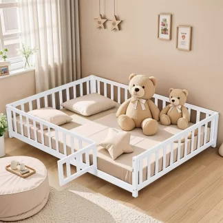 Kumix Full Size Floor Bed with Fence and Door for Kids 1-3 Aged, Montessori Floor Bed Frame with Support Slats for Toddlers, Wooden Floor Bed for Bedroom, Noise-Free, Easy Assembly, White