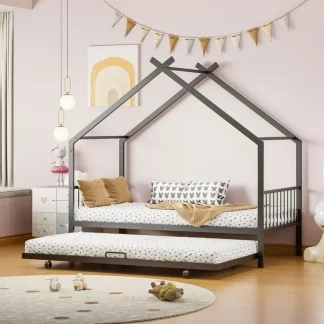 Kumix House Bed with Trundle, Twin Size Metal House Bed with a Roof Frame and Headboard, Footboard for Kids Teens Guests, with Twin Size Trundle,House Bed for 2, Noise-Free, Easy Assembly, Black